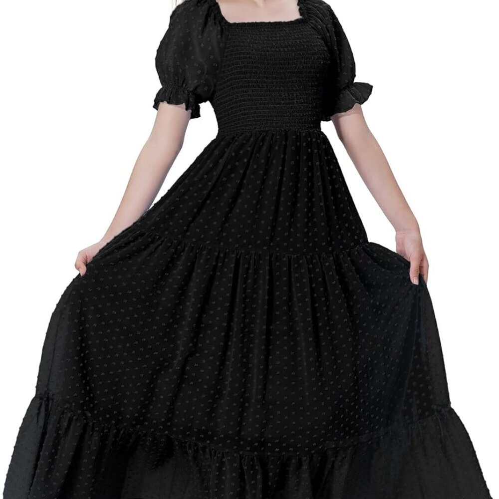 Girls Maxi Long Smocked Dress Tween Swiss Dots Summer Square Neck Short Sleeve C